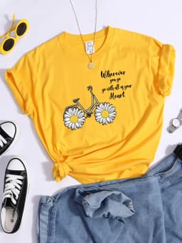 Women's Tshirt Daisy Bike Personalized Text T-Shirts Crewneck Vintage Short Sleeve Tops Korean Style Solid Color Women Tshirt