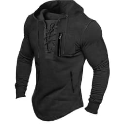 2026 Men Autumn Spring Top Lace Up Drawstring Solid Color Long Sleeve Zipper Pockets Pullover Streetwear Men Mid Length Hoodie