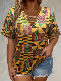 Plus size tie-dye printed short-sleeved T-shirt elegant lace-up hanging collar design top spring and summer casual style
