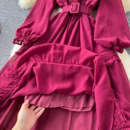 French Vintage O Neck Hollow Out Lace Patchwork Long Lantern Sleeves Korean Fashion Dresses Women's Autumn Waist Sweet Clothing