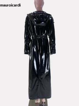 Mauroicardi Spring Autumn Cool Extra Long Shiny Reflective Waterproof Thin Black Soft Patent Faux Leather Coat Women with Hood