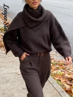 Solid Turtleneck Knit Short Pullover Women Chic Scarf Collar Full Sleeves Loose Warm Sweater 2026 Lady Daily Street Pullovers