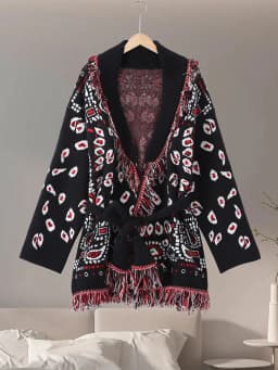 2026 Spring Tassel Knitted Jacquard Women's Cardigans Loose Patchwork V-neck Long Sleeve Thick Warm Sweater Lady New Knitwear