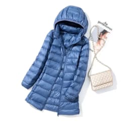 Haze Blue Women's Lightweight Long Jacket, Hooded Long Sleeve Coat, Asian Size M-7XL, Red, Black, Blue, Purple Available Parkas