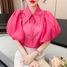 Summer Women's Tops Diamond Point Collar Lantern Short Sleeve White Shirt Korean Fashion Designer Women's Clothing Office