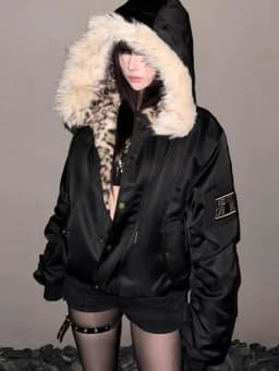 Retro Thickened Short Cotton Jacket Women's Winter Coat with Fur Collar Leopard Print Inner Fleece Lined Zipper Closure