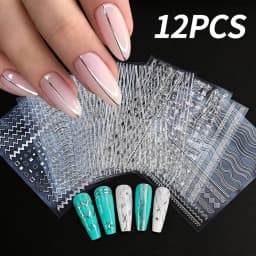 12Sheets Gold Metal Stripe Wave Nail Decals 3D Bronzing French Line/C Curve Stripe Nail Stickers 8*10cm Gold Line Nail Art Suppl