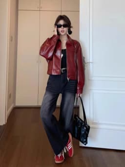 American Retro Women's Short Red Leather Jacket Motorcycle Style Upper Body Top Premium Design Small Size Friendly