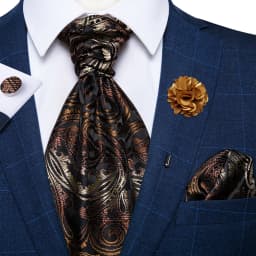 Classic Wedding Ascot Tie For Men Yellow Gold Red Paisley Floral Scarf Neck Tie Brooch Pin Set Cravat Ascot Tie For Banquet