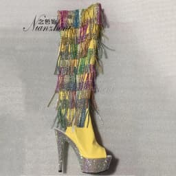 Gold Gothic Stripper Heels Over The Knee Boots 7Inch Fringe Rhinestone High Heels Exotic Dancer 17cm Over The Knee Boots Catwalk