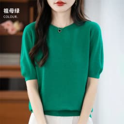 First-Line Ready-To-Wear Sweater Women's 100 Pure Wool Knitted Short-Sleeved T-Shirt Round Neck Thin Sweater Loose Half-Sleeve