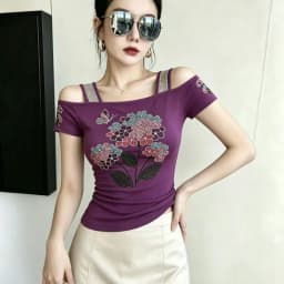 New Designer Hot Diamond Mesh T-Shirt Women Korean Style Sexy Off Shoulder Slim Tee Summer Casual Streetwear Tops