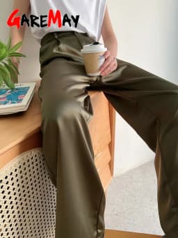 Garemay Summer Autumn Women's Pants Loose Solid Classic Black Straight High Waist Casual Silk Satin Wide Leg Trousers for Women