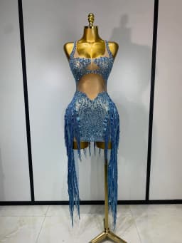 Sparkly Blue Rhinestone Tassel Mesh See Through Dress Pole Dancer Singer Outfit Women Sexy Evening Party Club Stage Costume
