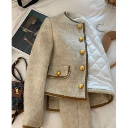 Autumn Winter New Style Warmth Outerwear Women's round Neck Slim Fit Cashmere Coat Leather Design Gold Button Small Fragrance...
