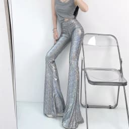 SALIENCY Silver Snake Skin Pattern Flared Pants Women High Waist Slim Sexy Stretch Wide Leg Trousers Party Clubwear