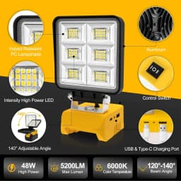 48W/60W/100W Portable LED Work Light Rechargeable LED Flood Light for Dewalt 18V-20V Li-ion Battery Cordless Work Light 6000k