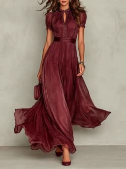 Vintage Solid Lace A-Line Long Dress Women's O Neck High Waist Pleated Party Dress Summer Short Sleeve Flowy Maxi Dresses
