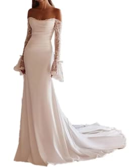 Customized Off Shoulder Lace Long Sleeves Wedding Dress for Bride Strapless Mermaid Satin Pleated Bridal Ball Gown with Corset