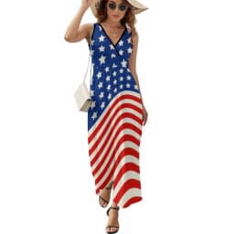 American Flag Dress Patriotic Flag Star Design Boho Beach Long Dresses V Neck Print Maxi Dress Korean Fashion Clothes Oversize