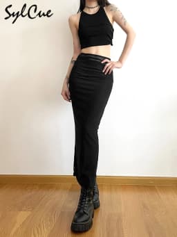 Sylcue Black Simple All-match Casual Commuter Summer Street Travel Cool Youth Vitality Tight Sexy High-elastic Women's Skirt