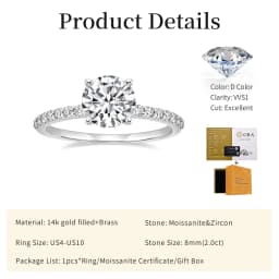 Lnngy Certified 8mm 2ct Moissanite Solitaire Ring 14K Gold Filled Engagement Rings For Women Wedding Party Jewelry Gift