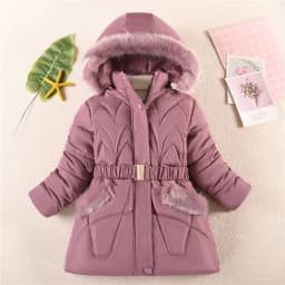 2024 New Winter Keep Warm Girls Jacket Waist Belt Design Detachable Hat Lining Plush Hooded Heavy Coat For Kids