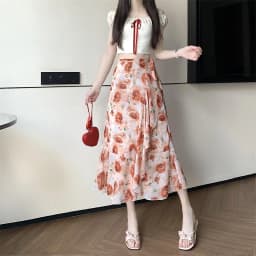High Waist A-Line Floral Print Chiffon Halter Neck Dress Women's Summer New Style Belted Wrap Skirt Casual Polyester Fiber
