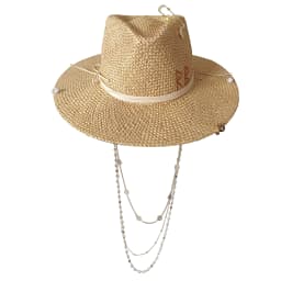 Metal letter beige straw hat handmade design hat pearl chain summer sun hat new letter hat beach women gorras para hombres