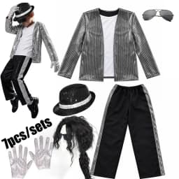Kids Sequin Dance Costume 6Pcs Singer Performance Outfit Glitter Jacket Pants Hat Gloves Sunglasses Halloween Stage Cosplay Suit
