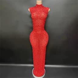 Sparkly Rhinestone Sleeveless Stretchy Mesh See Through Long Dress Women Luxury Evening Prom Gown Singer Dancer Show Stage Wear