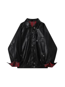 Lautaro-Plaid Patchwork Pu Leather Jacket for Women, Oversized, Soft, Reversible, Long Sleeve, Luxury Designer Clothing, Spring