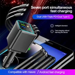 5 In 1 Car Charger 66W Max with Retractable Cable PD30W+2.4A Voltage Display Super Fast Charging 22.5W for iPhone & Android
