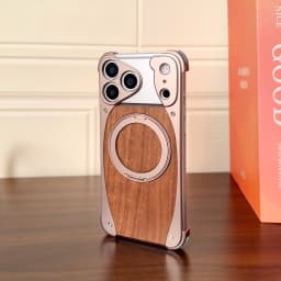 Luxury Metal Frame Walnut Wood Frameless Phone Case For iPhone 18 17 16 15 14 Pro Max Magsafe Magnetic Rotating Bracket Cover