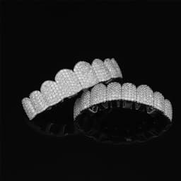 Silver Plated Full Iced Out CZ Zircon Teeth Grillz Top & Bottom Hip Hop Mouth Grills with Silicone Molds for Rapper Cosplay