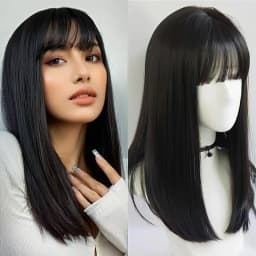 Black Synthetic Wig with Long Straight Hair - Halloween Party Cosplay Hair Accessory - Everyday Wig - High Temperature Hair Band