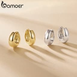BAMOER 18K Gold Plated 925 Sterling Silver Post Glossy Hoop Earrings, High Polished Trendy Fashion Statement Jewelry for Women