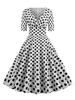Tonval V-Neck Polka Dot Print 50s Pinup Midi Cotton Dresses for Women Half Sleeve Autumn Clothes Vintage Retro High Waist Dress