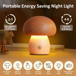 Mushroom LED Night Light Dimmable Wooden Bedroom Bedside Table Lamp with Touch Switch Room Decoration Lighting Chargeable