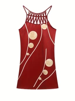 2026 New Spring and Summer National Wind Positioning Printing Mesh Belt Sleeveless Casual Dress