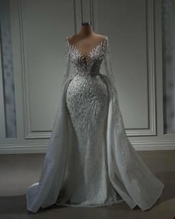 Customized Mermaid Wedding Dresses With Detachable Train Sheer Neck Long Sleeve vestidos de novia Beading Appliques Bride Dress
