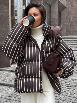 2026 Winter Autumn Stripe Cotton Padded Jacket For Women Warm Long Sleeve Zipper Hooded Coats Lady Street Chic Outdoor Outerwear