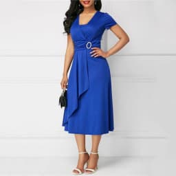 We.Fine Dress Women Solid Color Short Sleeve V Neck Asymmetric Hem Waist Midi Party Dress Elastic Female Dresses Woman Vestidos