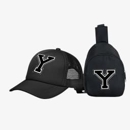 2pcs Kids' 26 letter printed pattern truck hat+chest bag set, stylish casual sunhat, portable storage purse, suitable for daily