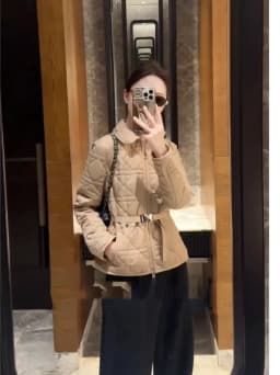 Lightweight Warm Cotton Jacket Women's Collar Diamond Pattern Commute Style Long Sleeve Zipper Closure Traditional Color Design