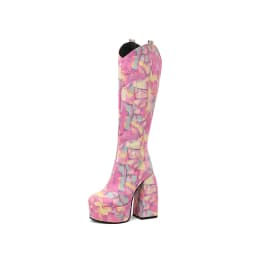 Super Waterproof Platform Strange Chunky Heel Graffiti Women's Boots Plush Inner Zipper Flock Material Knee Boots Plus Size