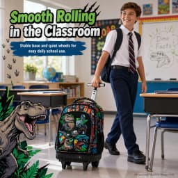 21 Inch Kids Rolling Backpack 3Pcs Set Colorful Dinosaur Print Wheeled Trolley School Bag with Lunch Box Pencil Case for Boys