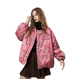 ELFSACK Women's Pink Panda Puffer Jacket with Drawstring, Warm Quilted Winter Coat, Cute Floral Print, Casual Street Style