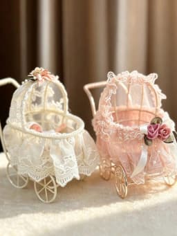Mini Doll Stroller for 3‑4 Inch Reborn Baby Doll Vintage Lace Iron Doll Carriage Pram Dollhouse Decoration Accessories