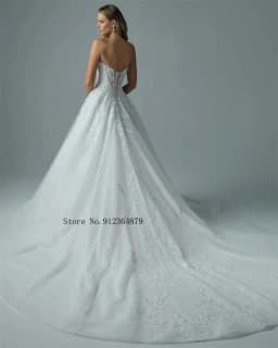 Custom Made Strapless Sweetheart Corset Wedding Dress Lace Appliques A Line Bridal Gown With Long Train
